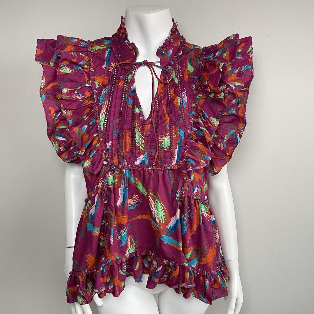 alivia Ruffle Sleeves Babydoll Blouse Shirt Top L Cotton Cottage Resort Preppy